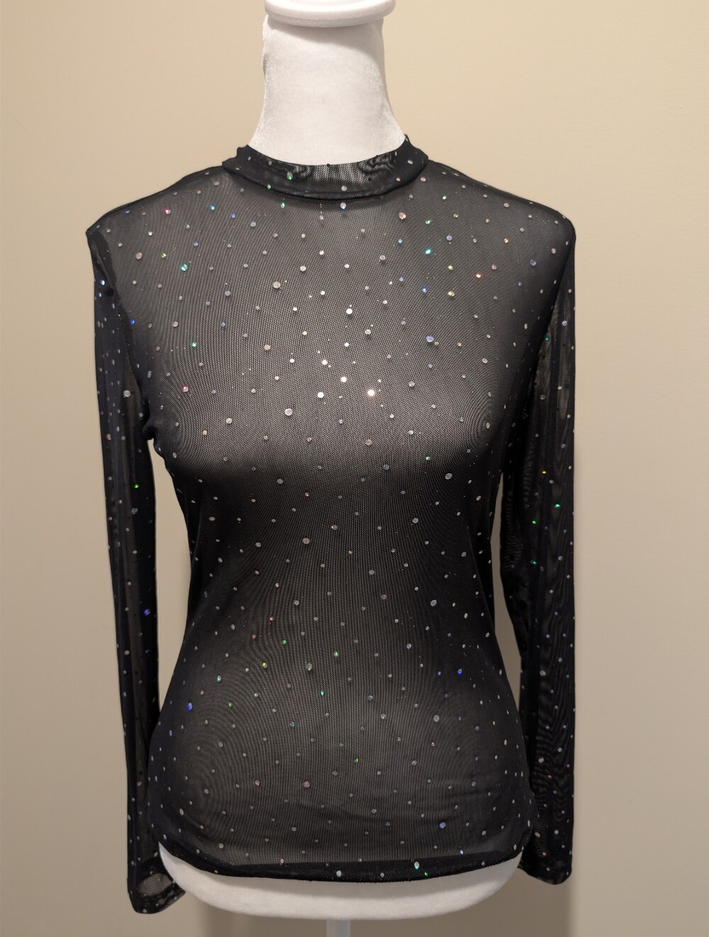 SHEIN Black Sheer Mesh Long Sleeve Top with Iridescent Studs